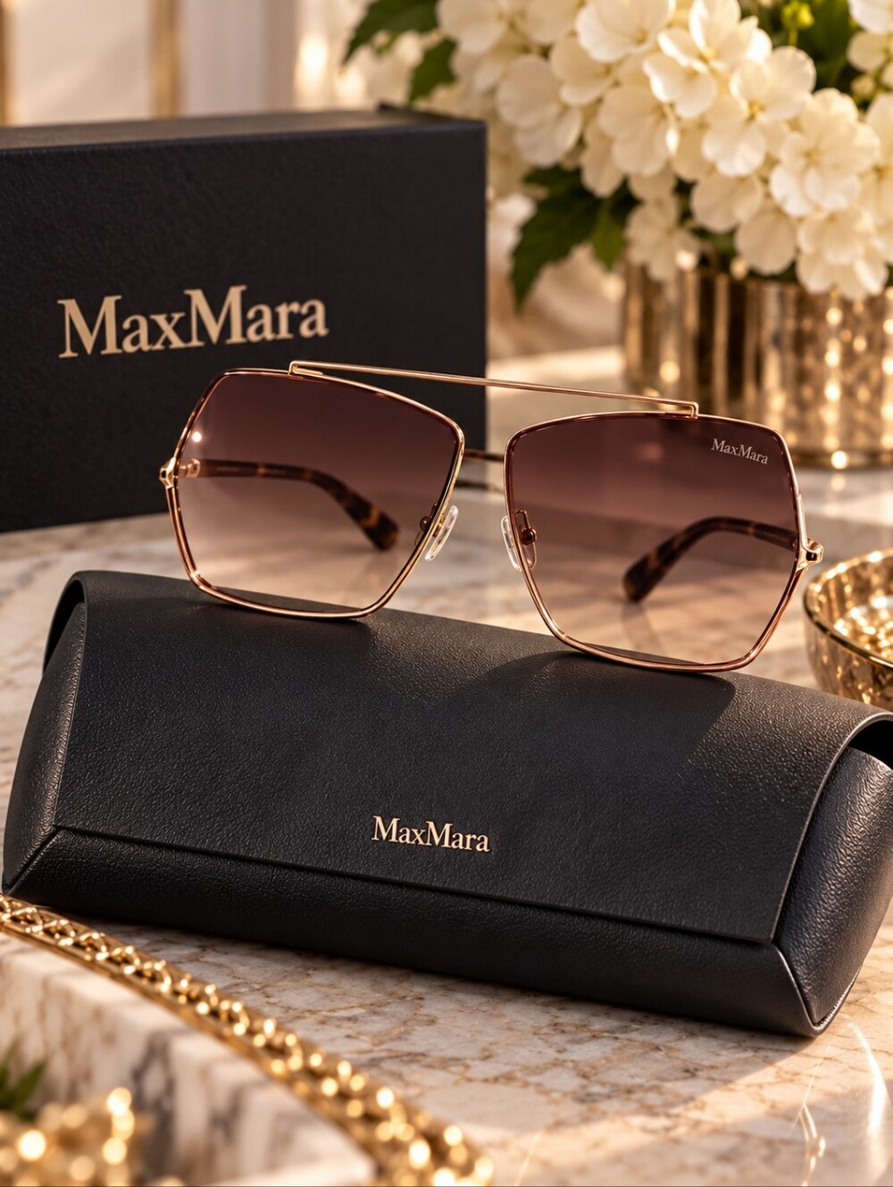 Max Mara Elsa MM0006 Rose Gold Geometric Sunglasses 64mm NWT